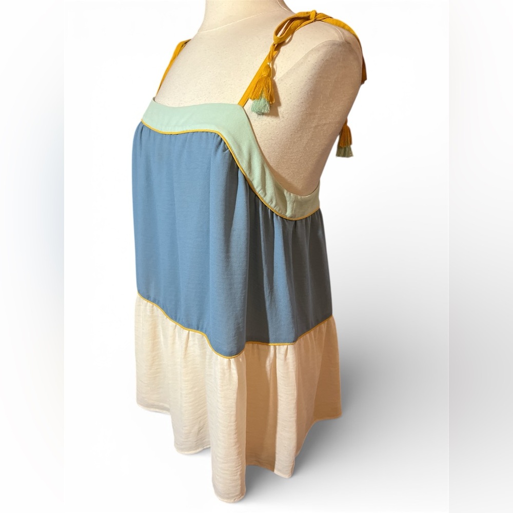 LOFT Sky Blue Cream Mustard Yellow Mint Green Colorblock Peplum Camisole Tank L - Picture 6 of 11